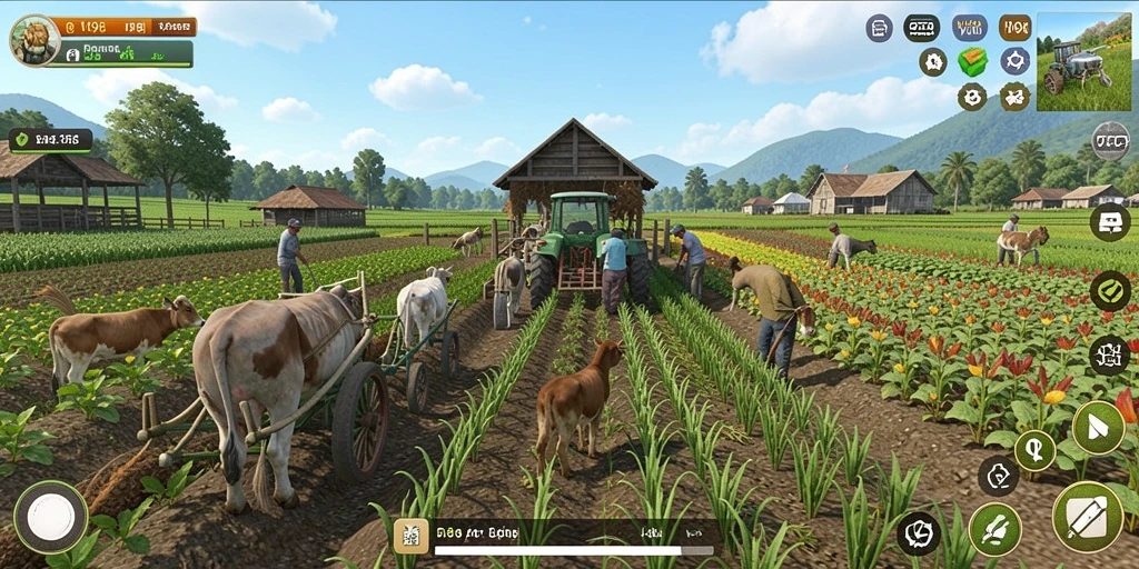 Tangkapan layar gameplay V98 yang menunjukkan aktivitas pertanian dari menu utama.